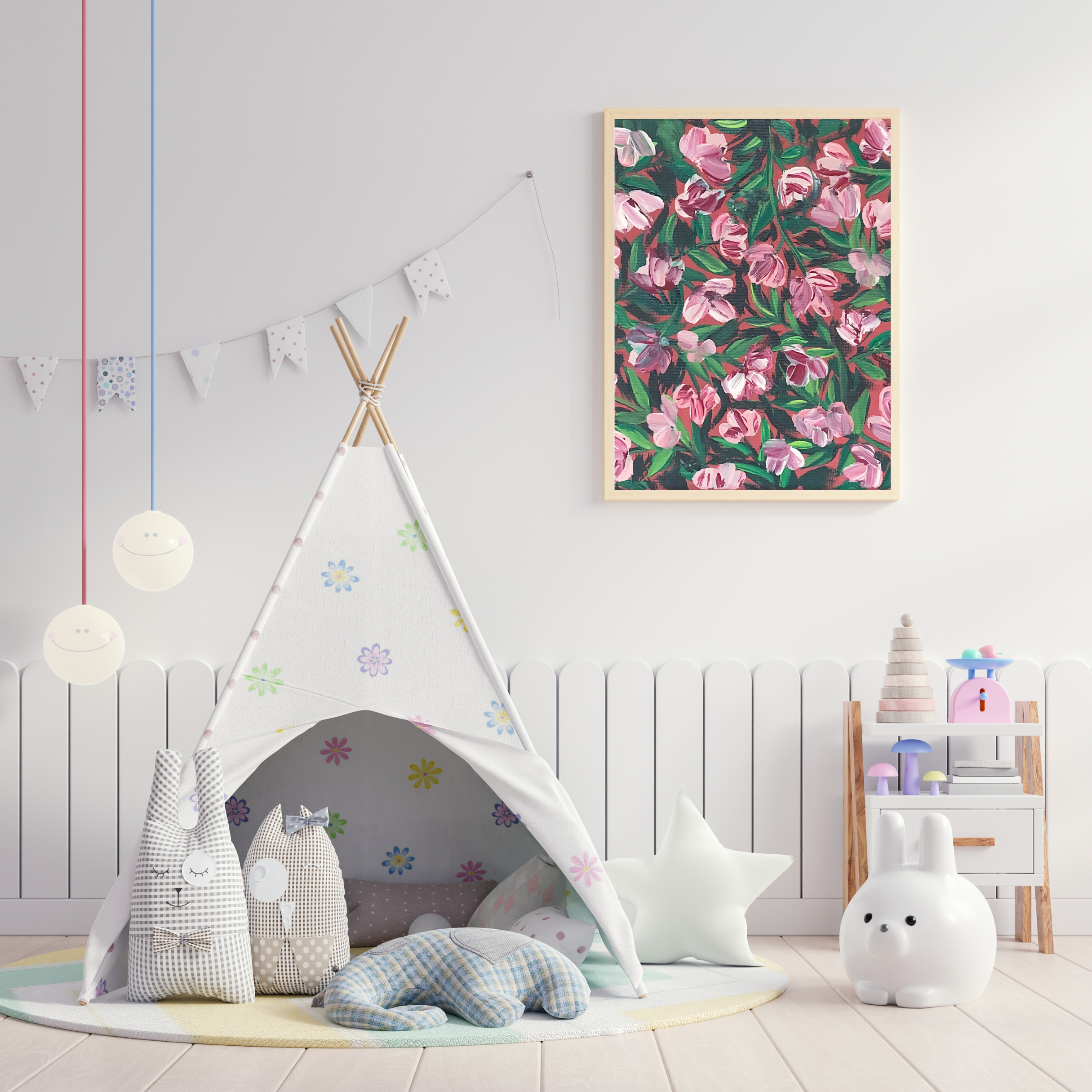 Pink & White Flowers on Red art print