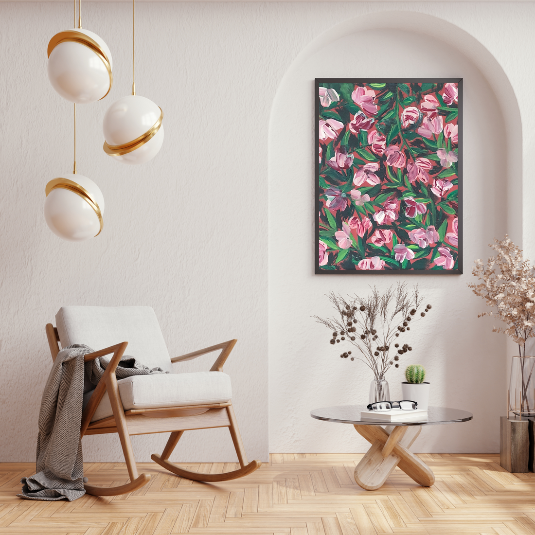 Pink & White Flowers on Red art print