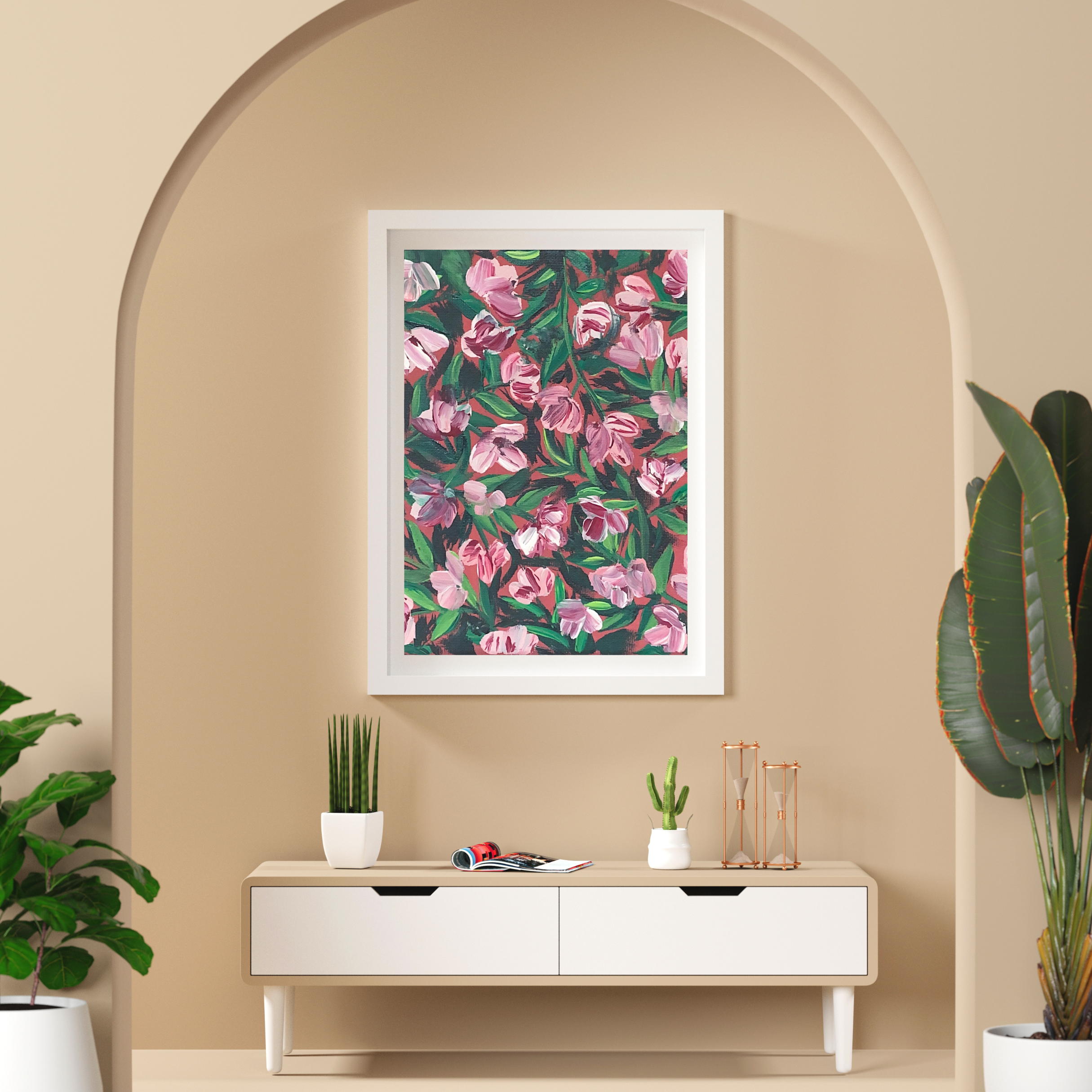 Pink & White Flowers on Red art print