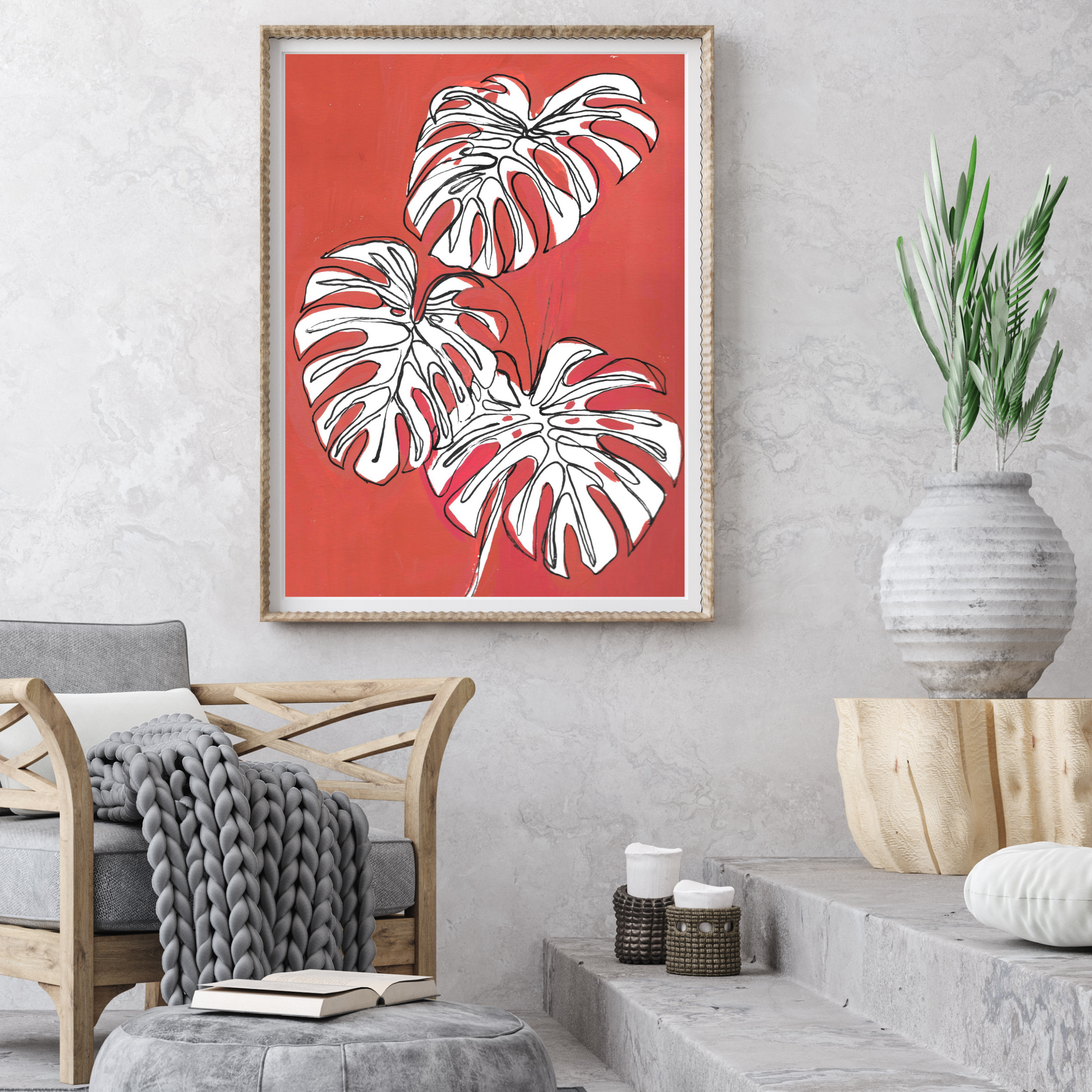 Red with White Monsteras art print