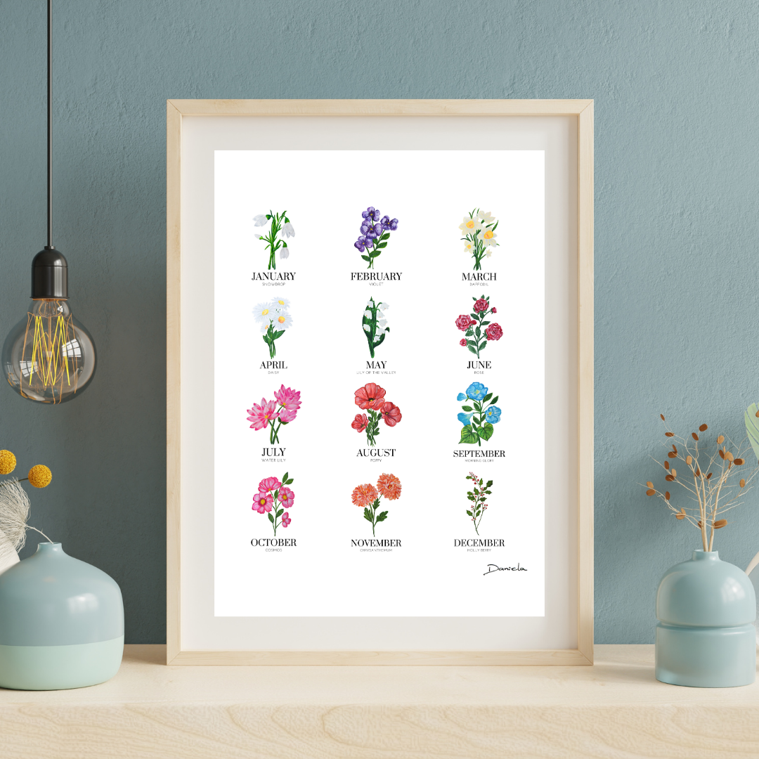 Framed artwork with floral illustrations for each month against a blue wall.