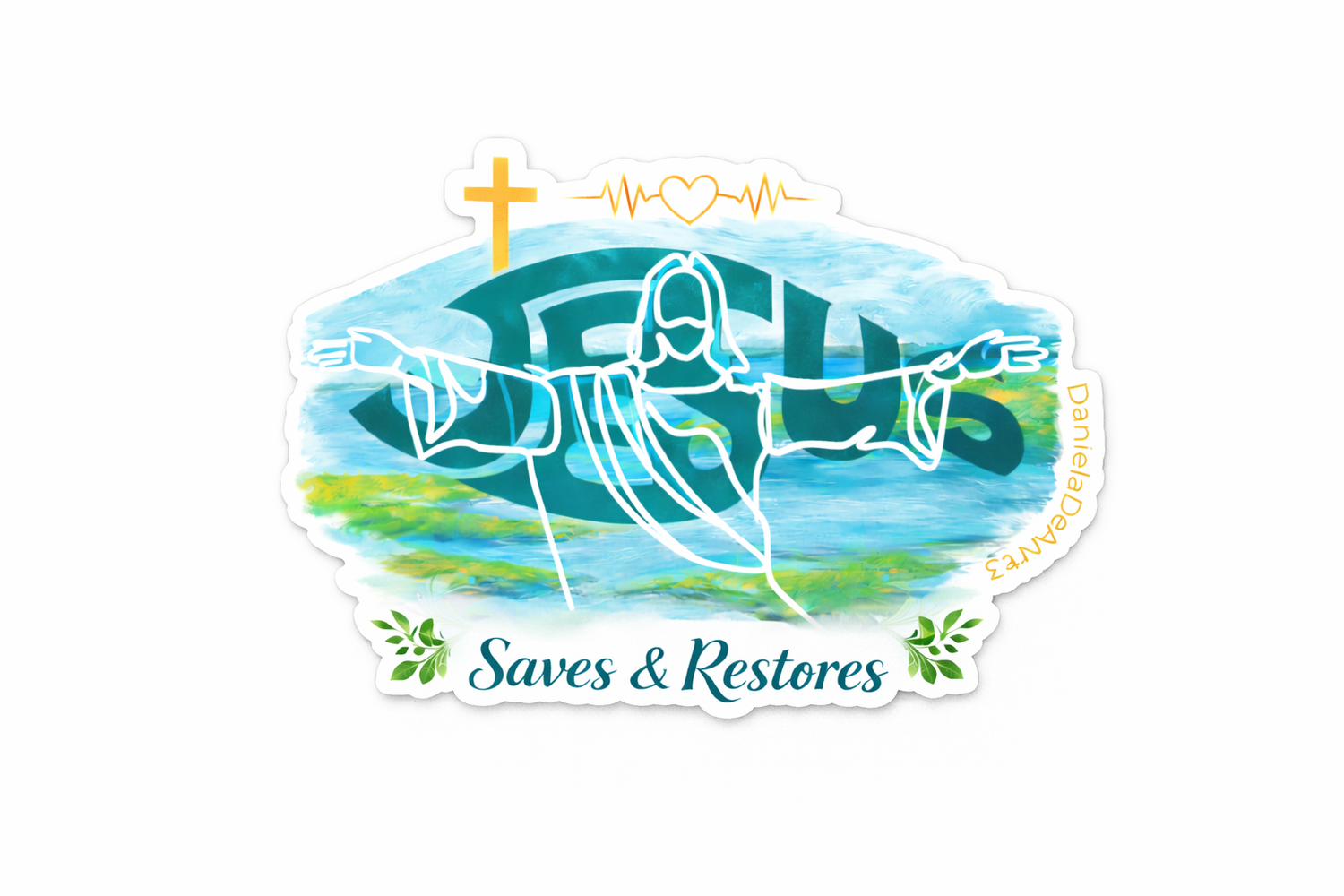 Jesus Saves &amp; Restores Waterproof Vinyl Sticker 3"
