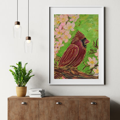 Cardinal Bird &amp; Flowers Art Print