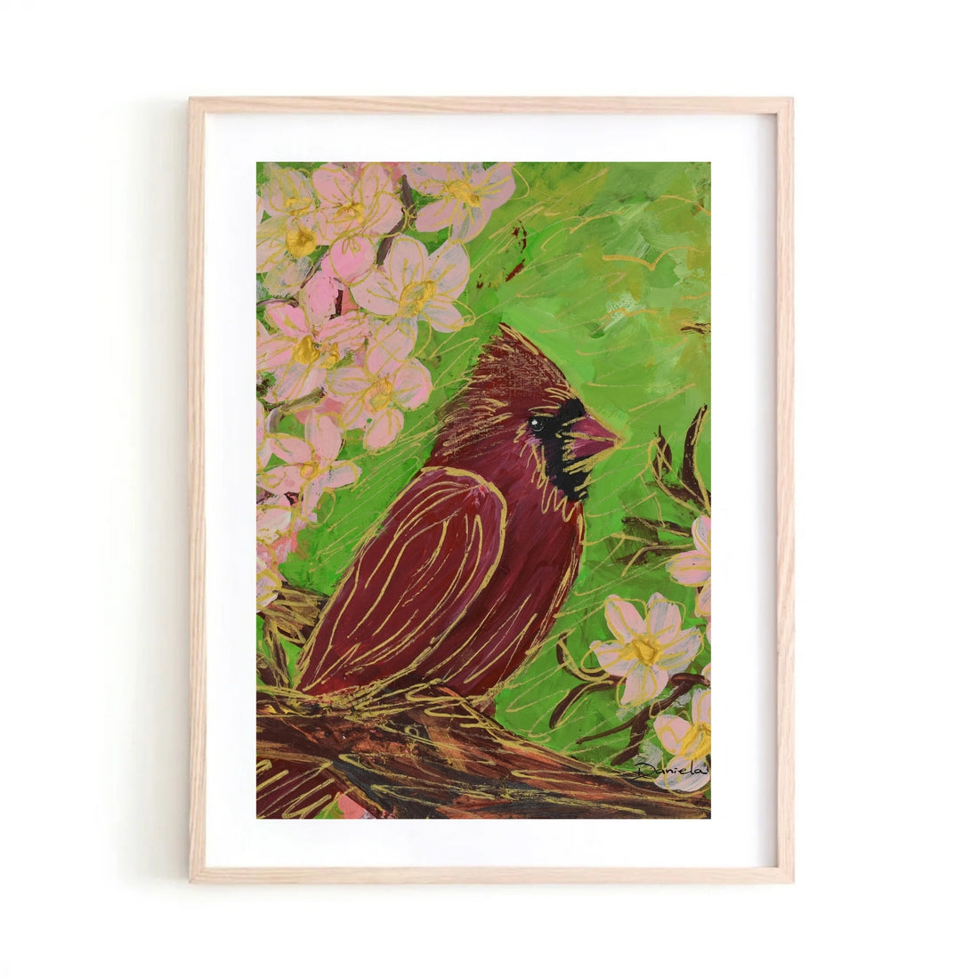 Cardinal Bird &amp; Flowers Art Print