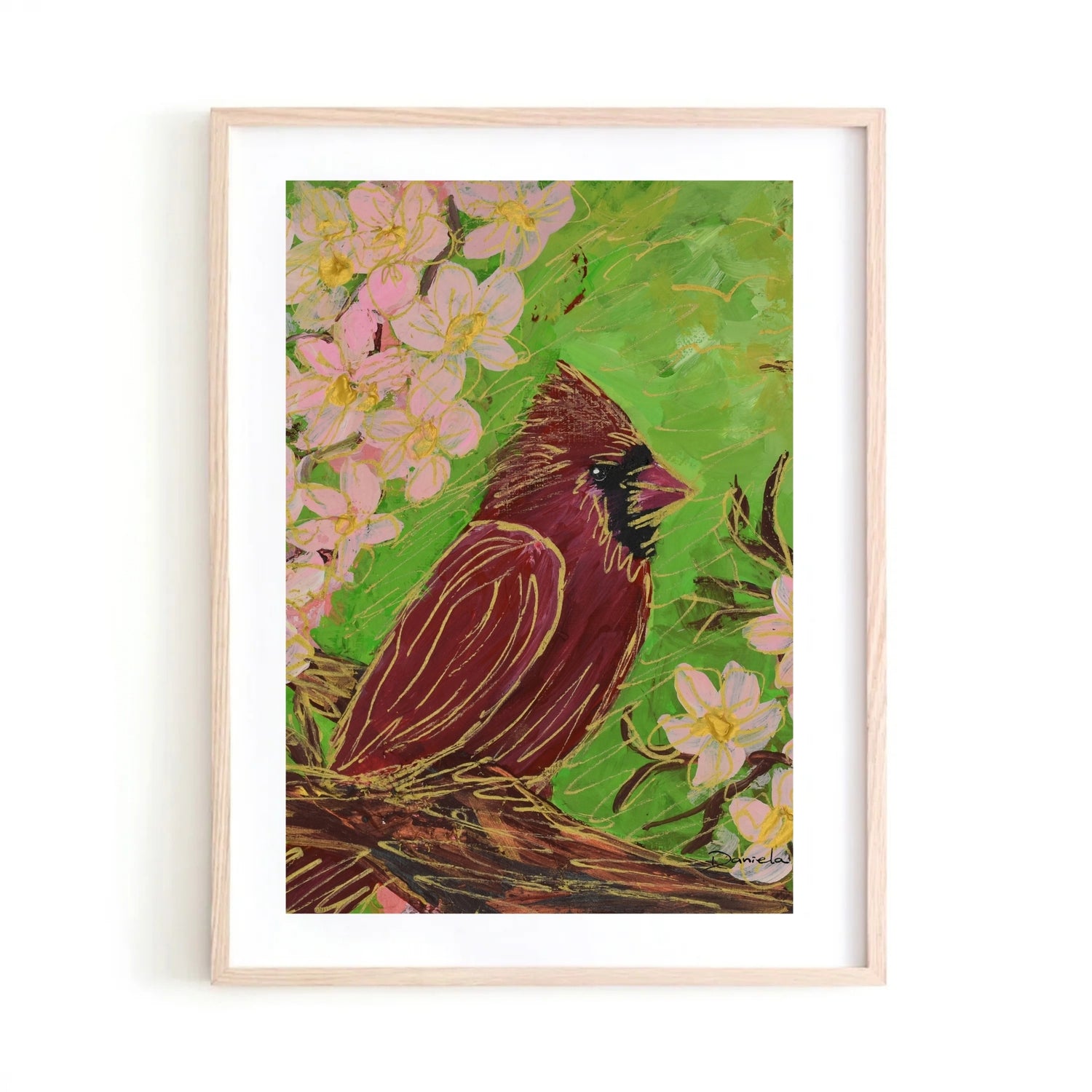 Cardinal Bird &amp; Flowers Art Print