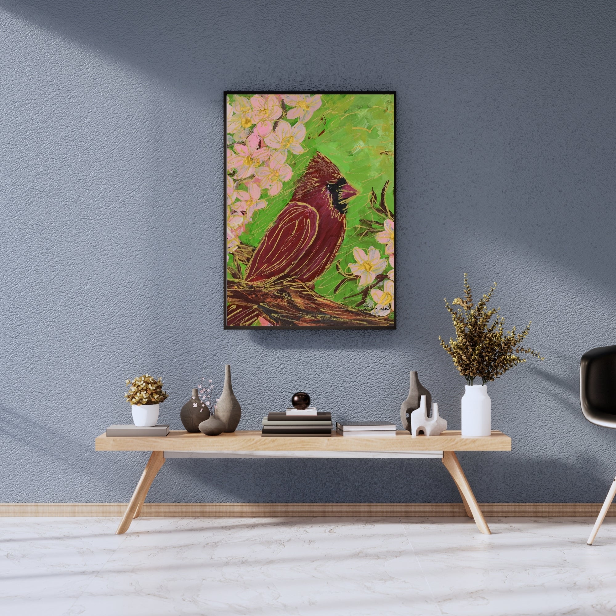 Cardinal Bird &amp; Flowers Art Print