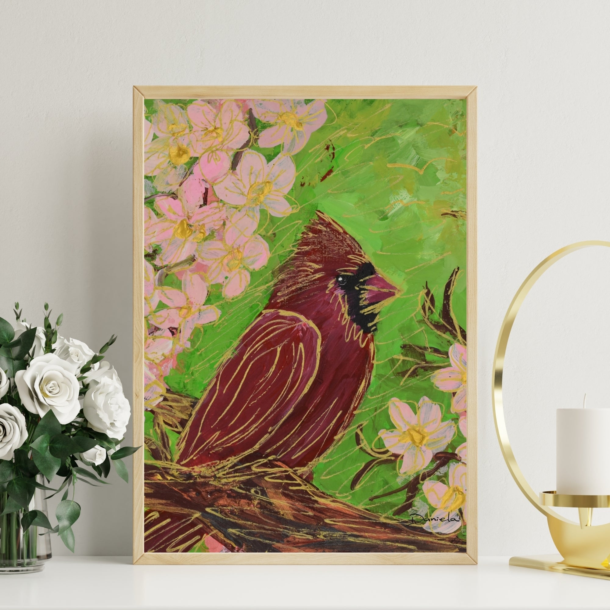 Cardinal Bird &amp; Flowers Art Print