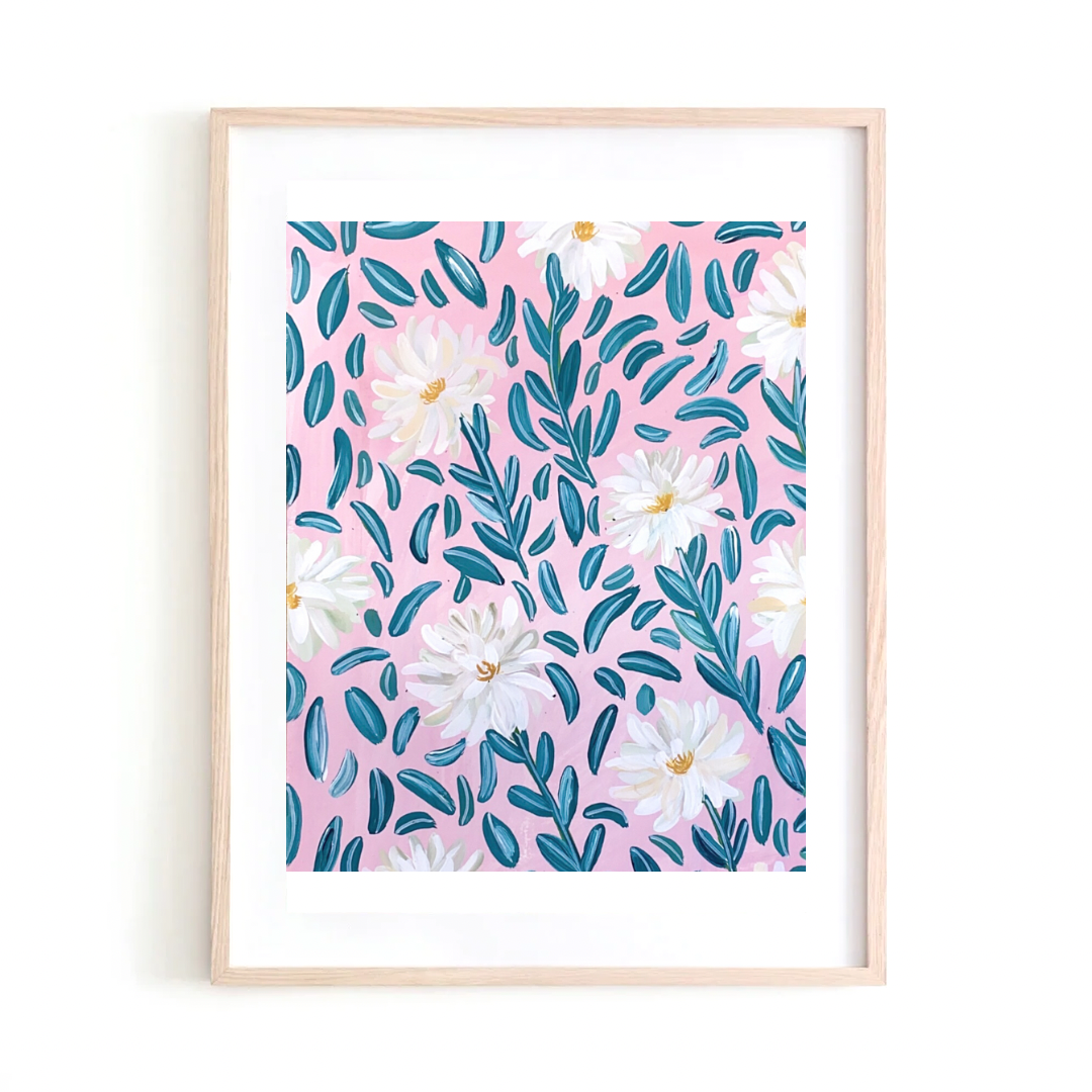 Daisies and blue leaves art print