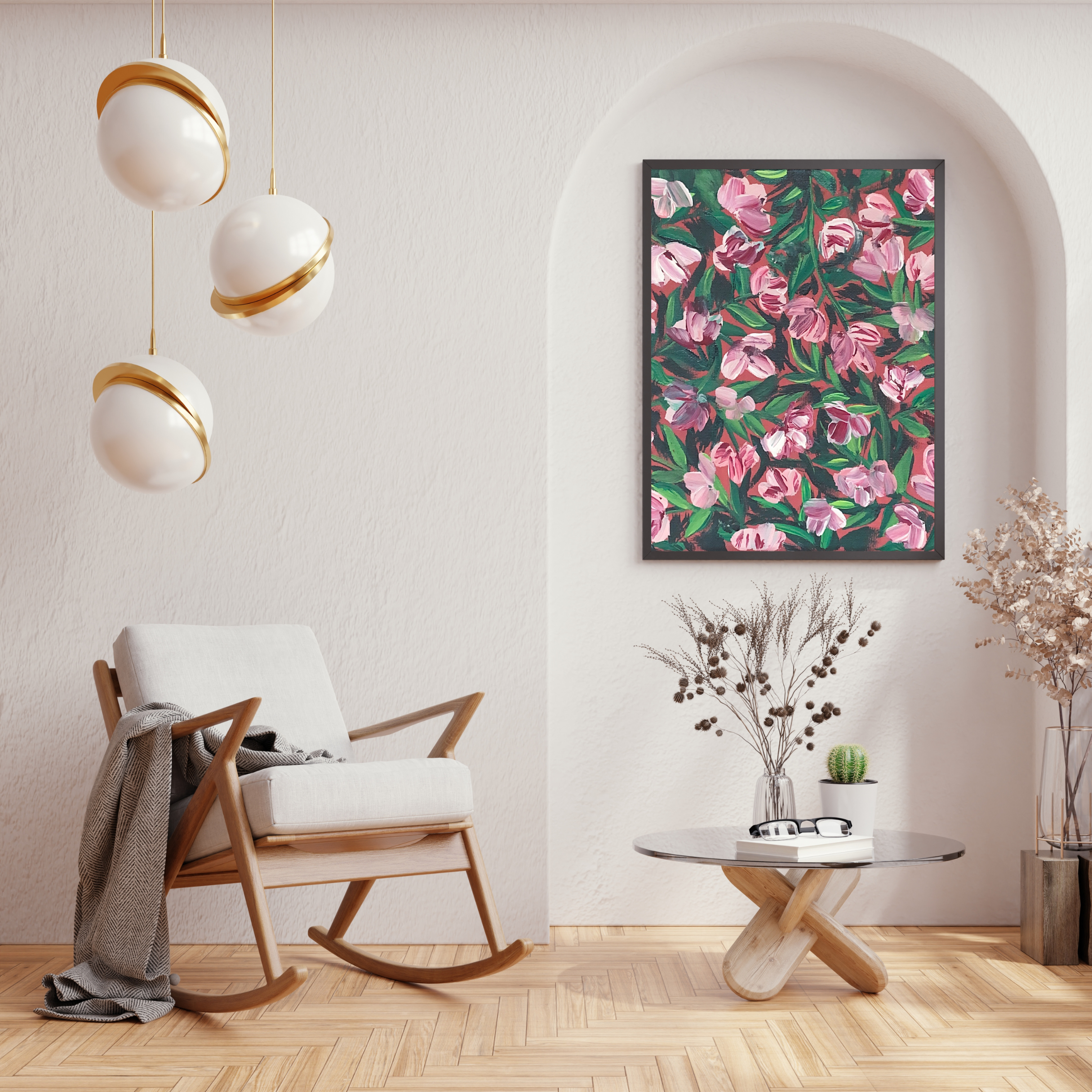 Pink &amp; White Flowers on Red art print