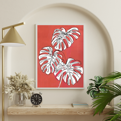 Red with White Monsteras art print