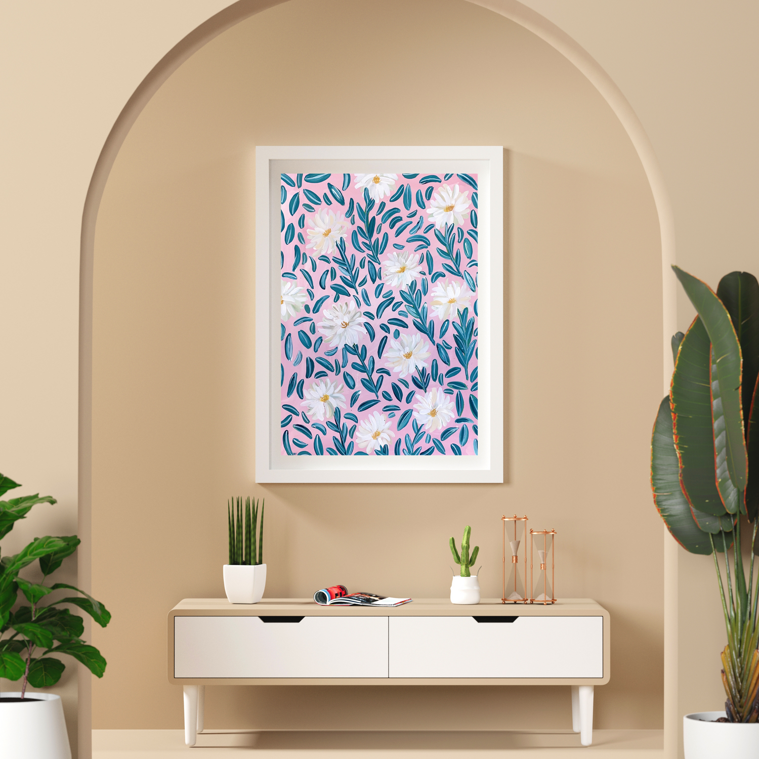 Daisies and blue leaves art print