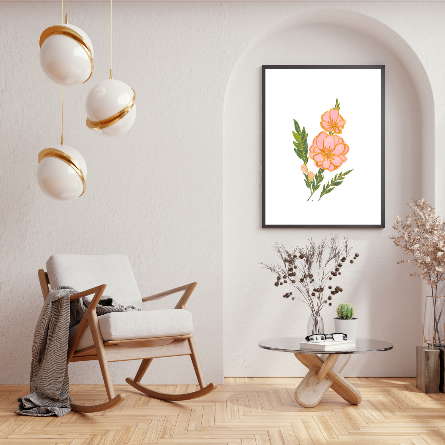 Pink Flower with Gold leaf art print