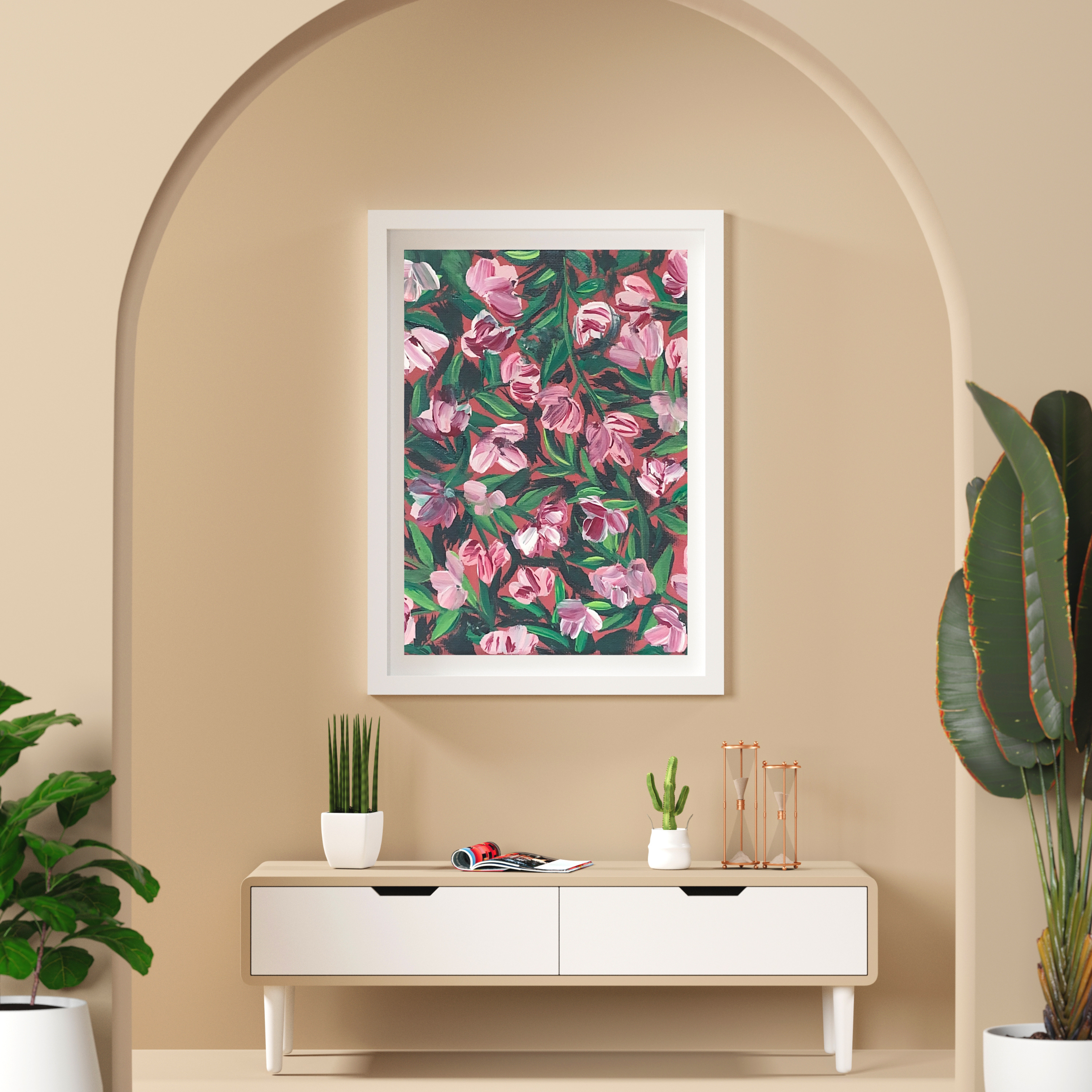 Pink &amp; White Flowers on Red art print