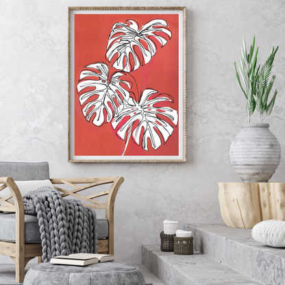 Red with White Monsteras art print