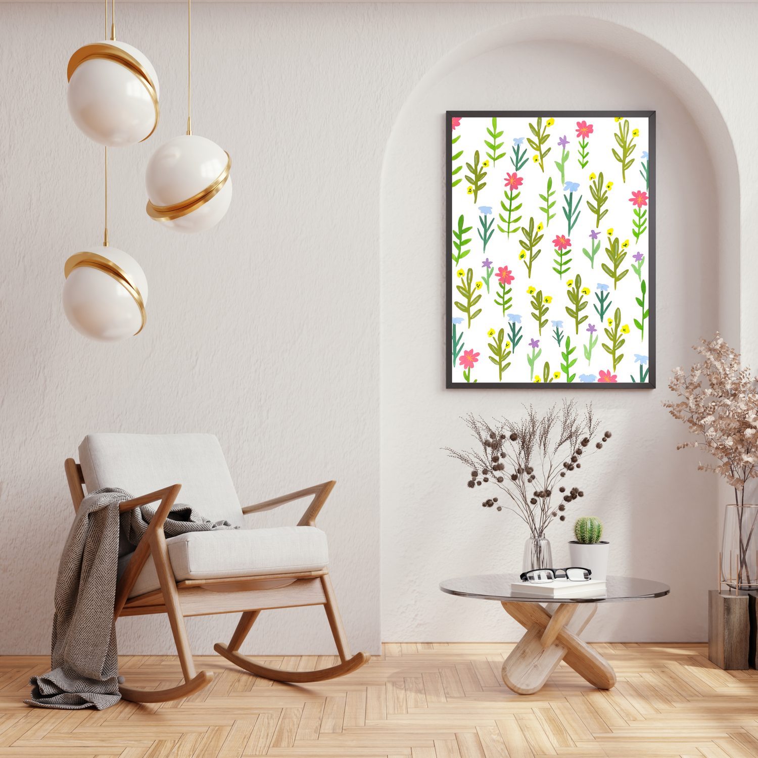 Vertical Green Leaves and Flowers art print