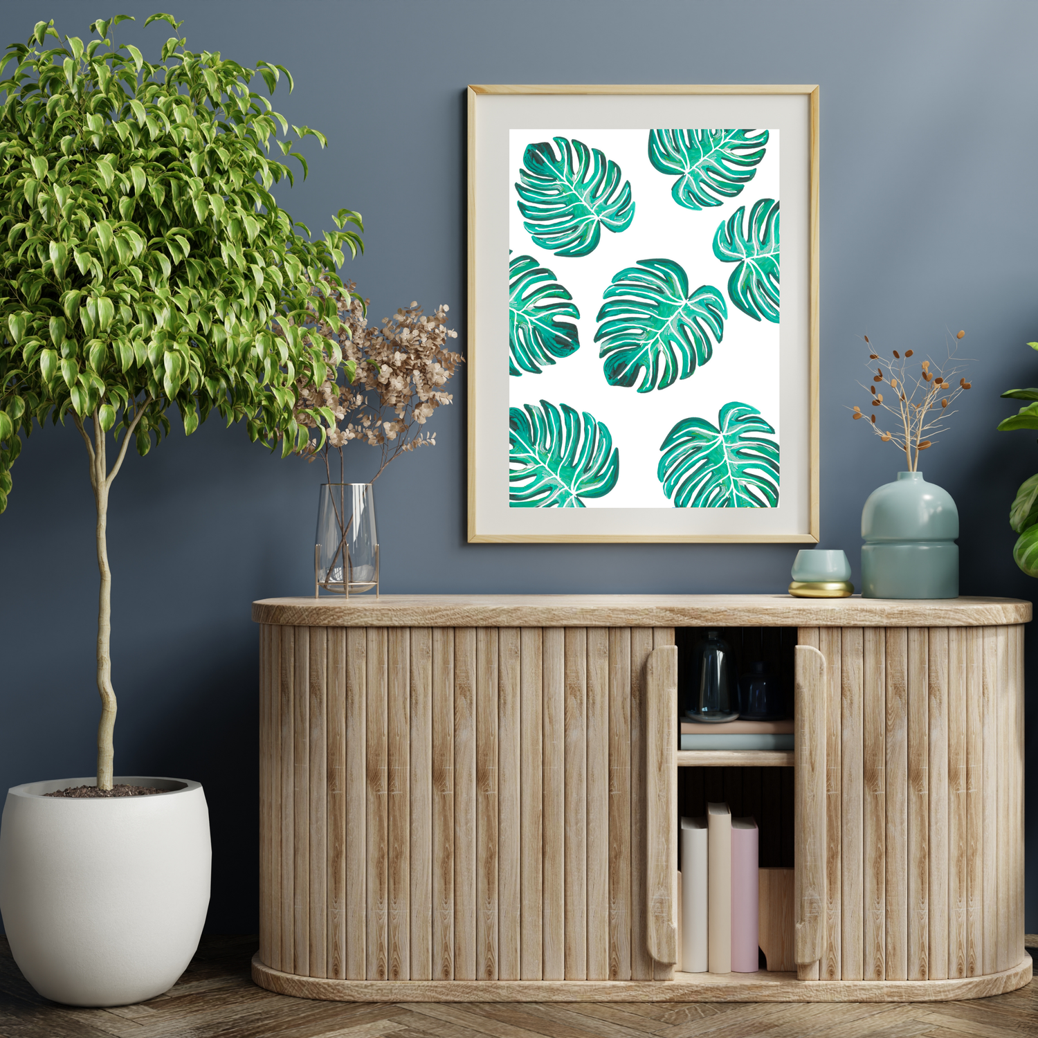 Green &amp; White Monstera Collage art print