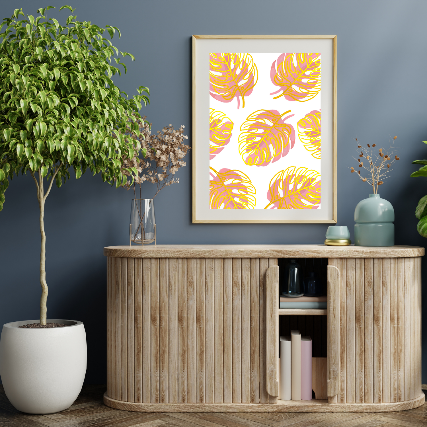 Pink &amp; Gold Monstera collage art print