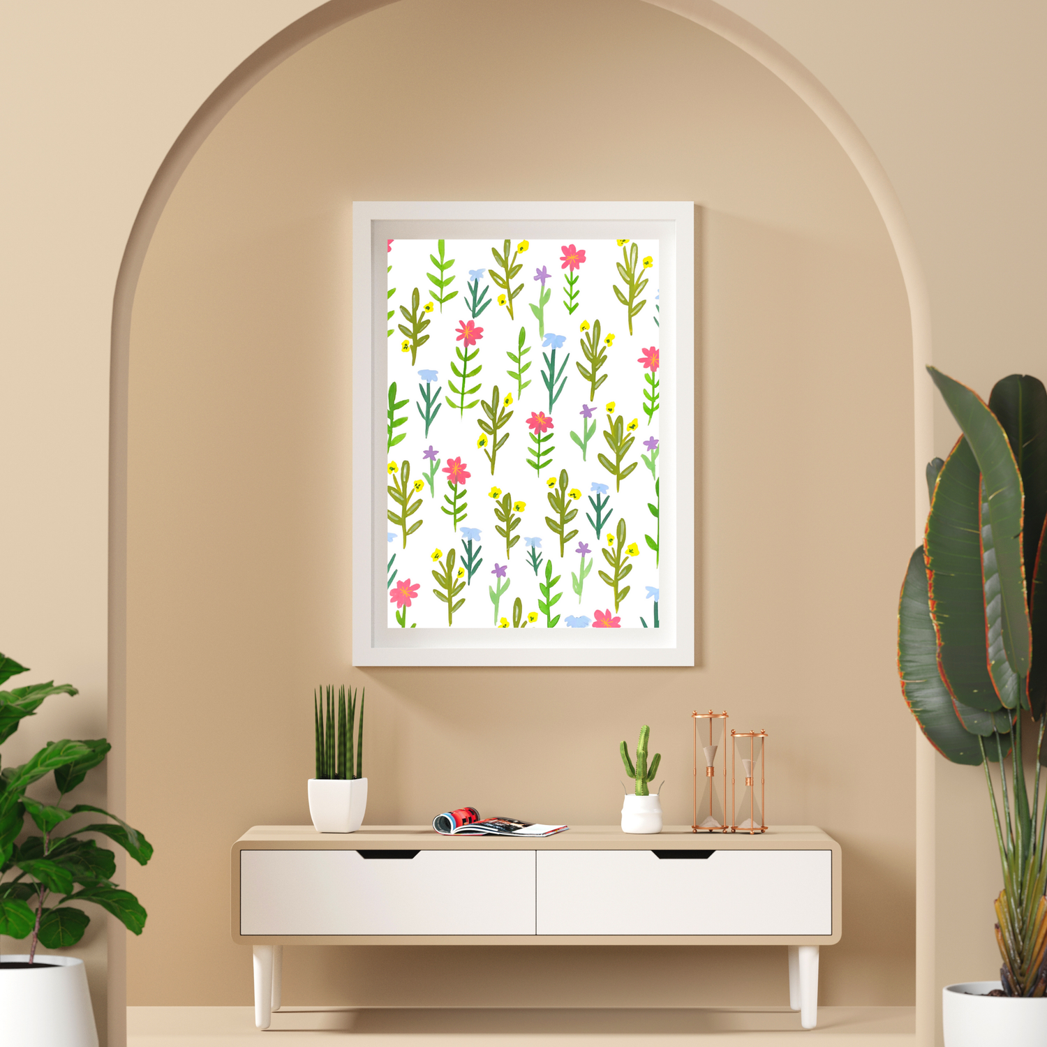 Vertical Green Leaves and Flowers art print