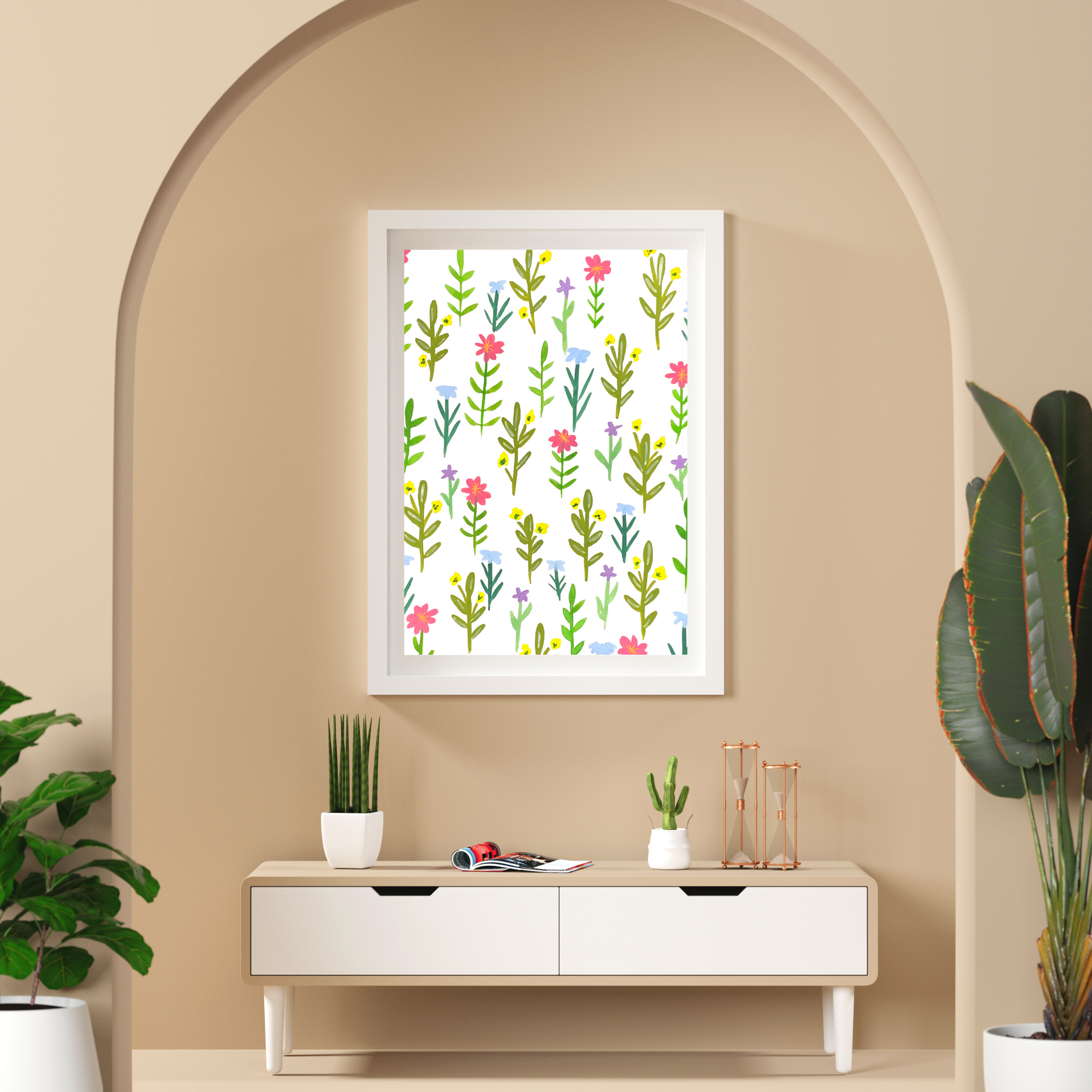 Vertical Green Leaves and Flowers art print