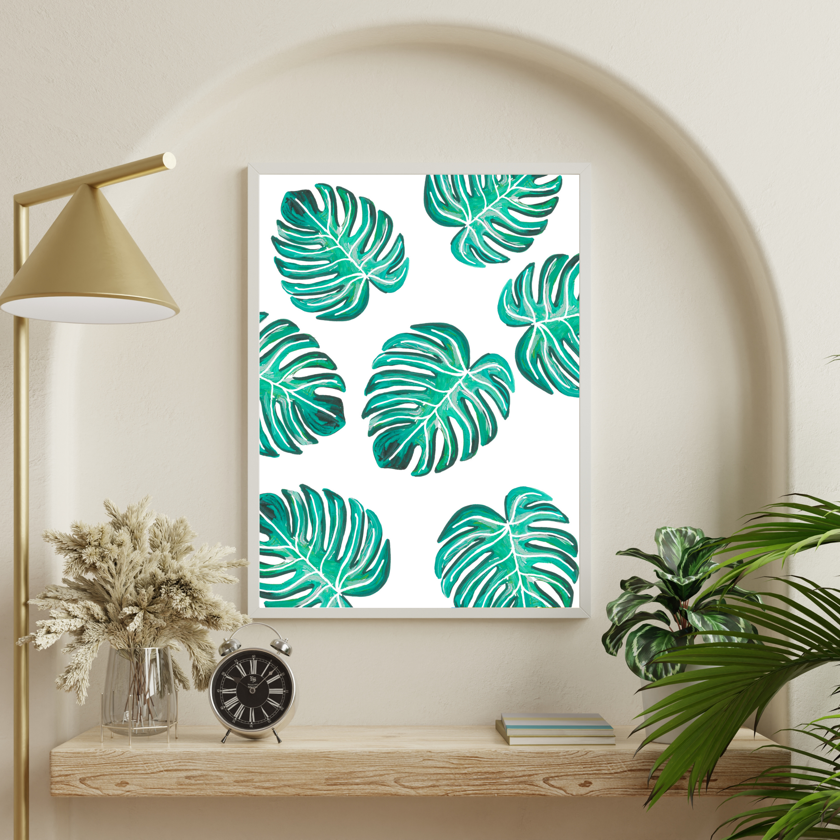 Green &amp; White Monstera Collage art print