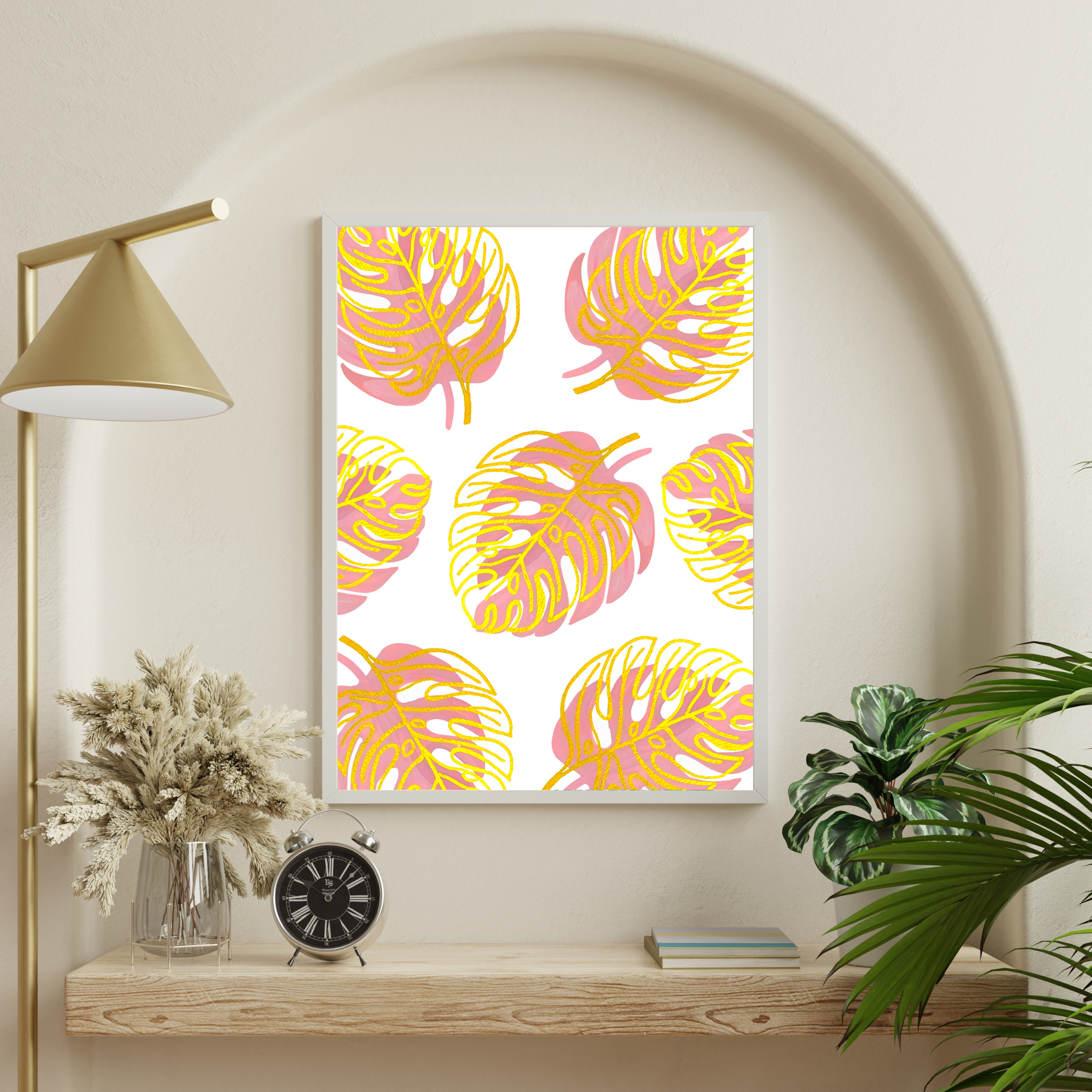 Pink &amp; Gold Monstera collage art print