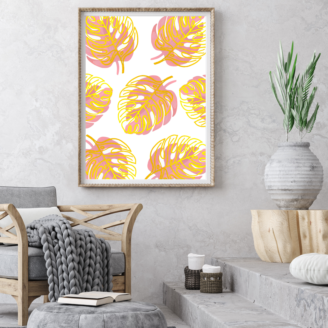 Pink &amp; Gold Monstera collage art print