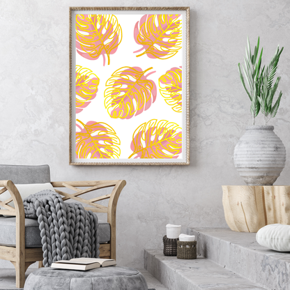 Pink &amp; Gold Monstera collage art print