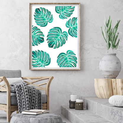 Green &amp; White Monstera Collage art print