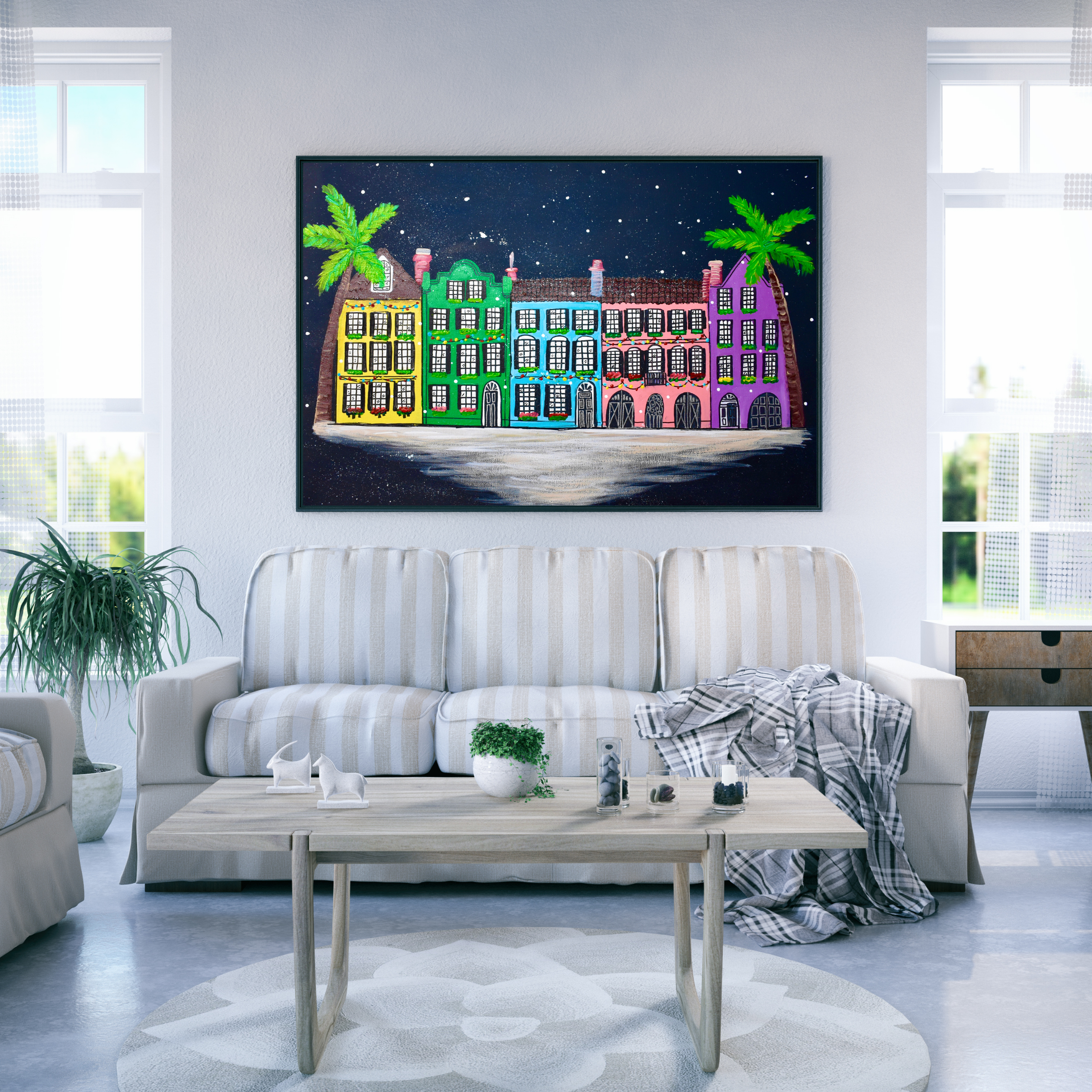 Rainbow Row Charleston Christmas art print