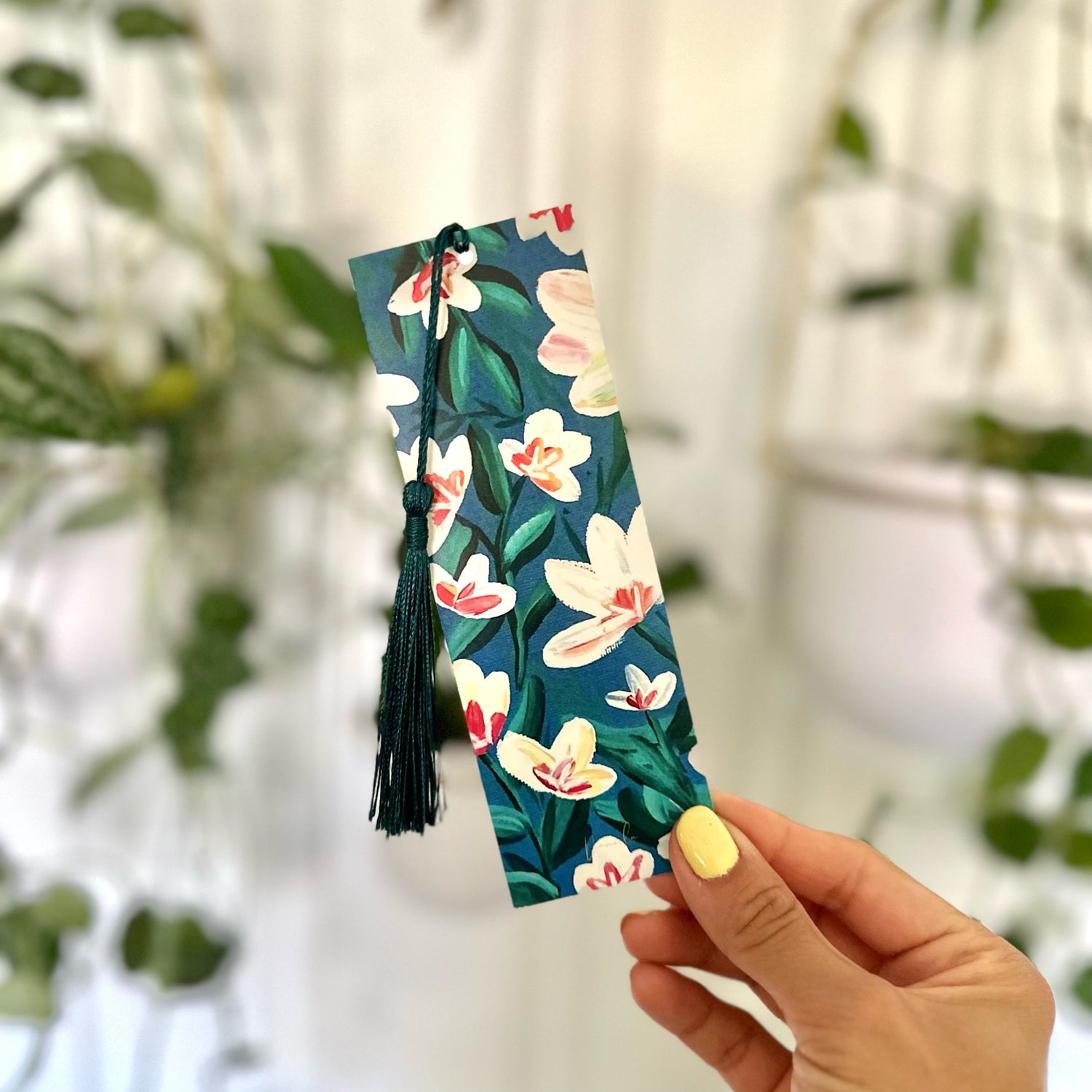 White Flowers with Blue Bookmark